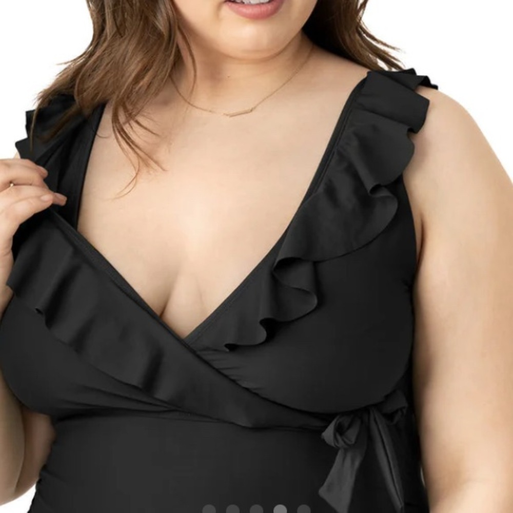 Kindred Bravely Black Ruffle Wrap Maternity & Nursing One Piece Swimsuit L - Picture 3 of 16